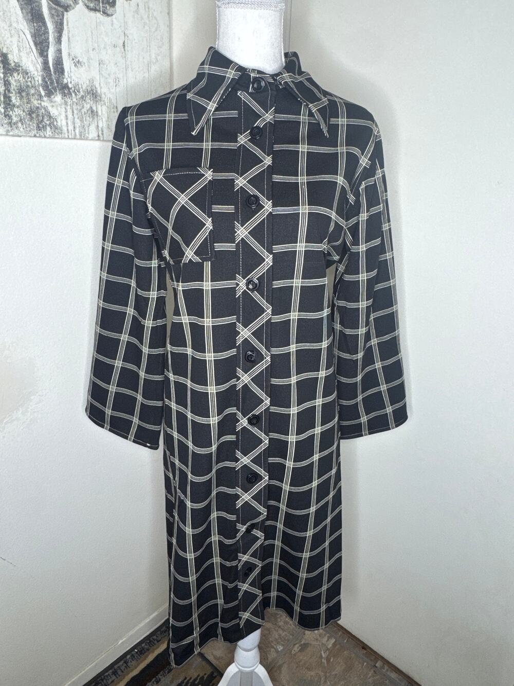 VTG Paul Of California Sz 10 Retro A-line Midi Shift Dress- Dagger Collar Grid